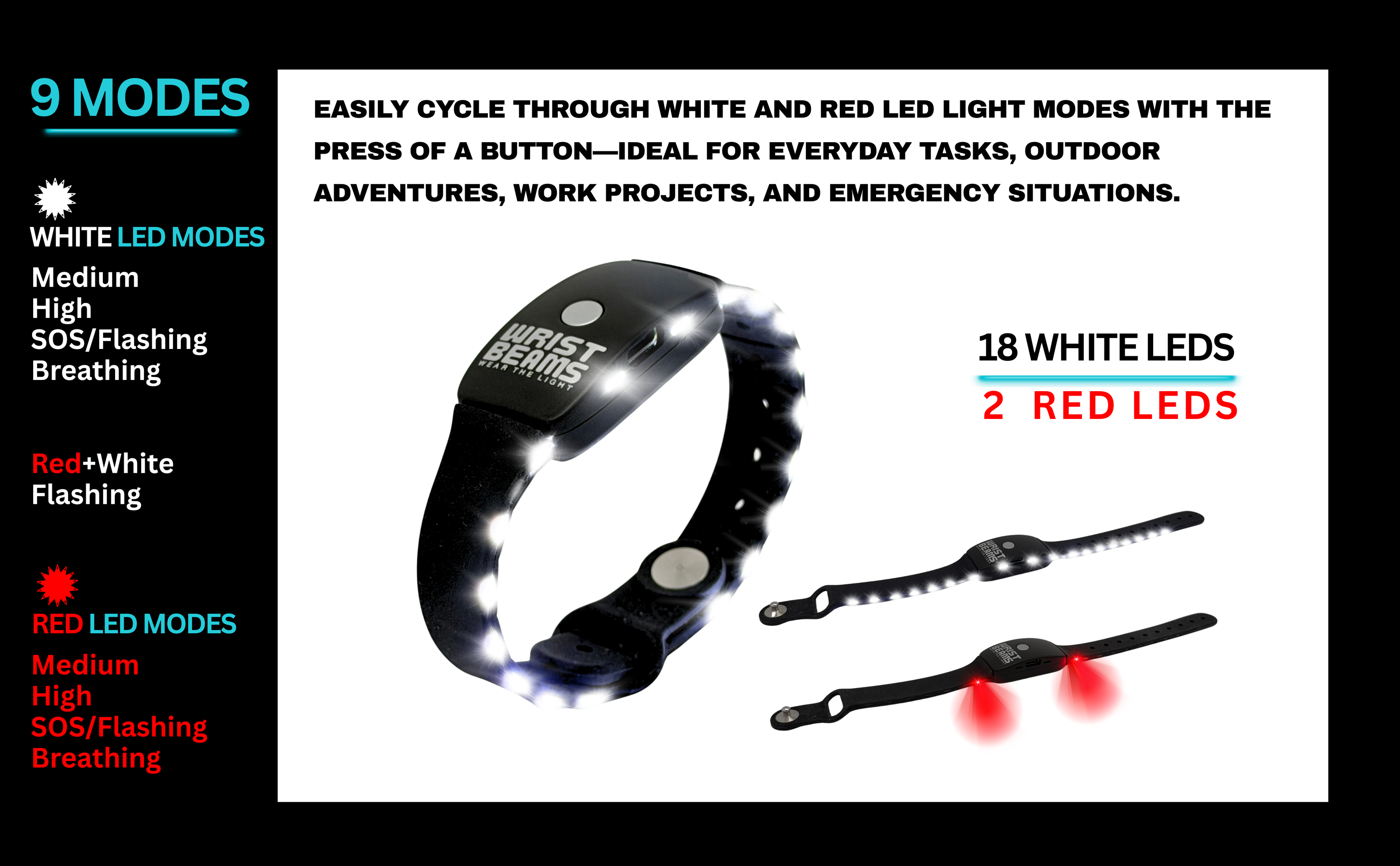 Instantly switch between white and red LED light modes for hands-free illumination wherever life takes you.