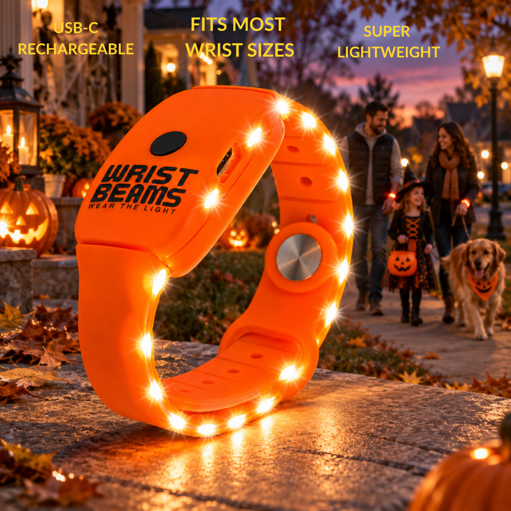 hands free flashlight for trick or treating, wearable flashlight for Halloween, wrist flashlight for trick or treating -wristbeams